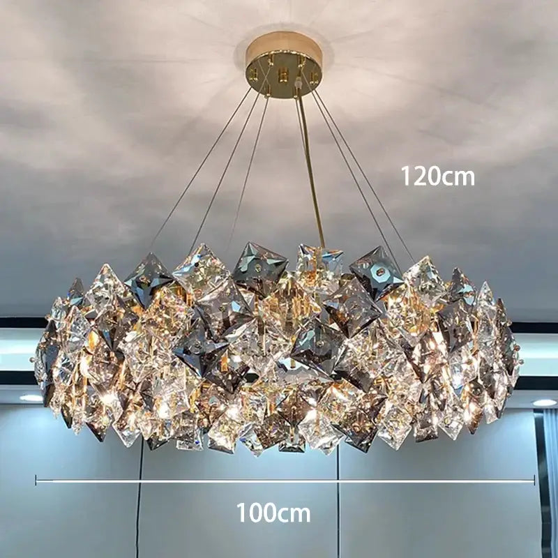 DecorBites crystal chandelier with 120cm diameter gold-toned mount and clear amber faceted crystals in geometric design