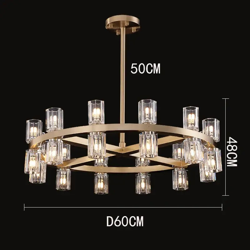 Gold-toned decorbites crystal chandelier with clear glass candle-style bulbs in a circular tiered design for luxury living rooms