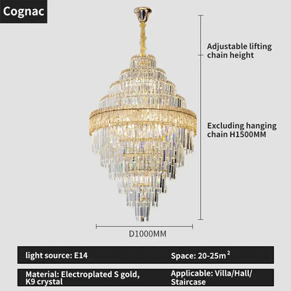 Gold electroplated decorbites crystal chandelier with cascading k9 crystal tiers and decorative hanging chain for elegant living rooms