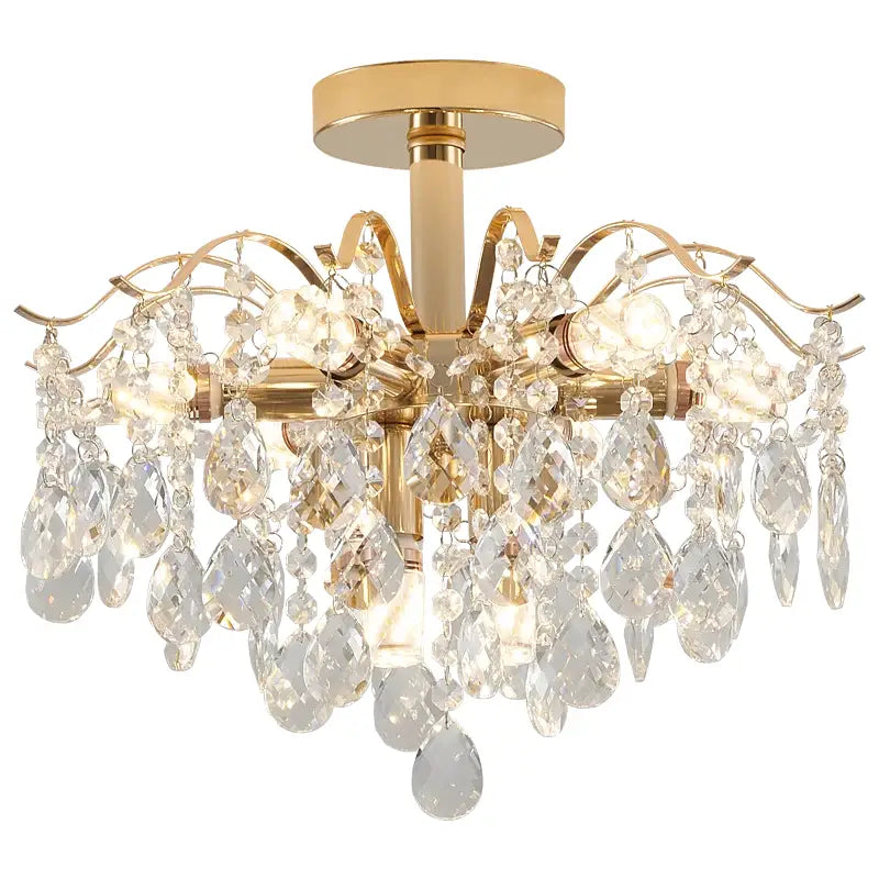 Gold-toned decorbites crystal chandelier with clear crystal droplets and prismatic facets for luxury living room lighting