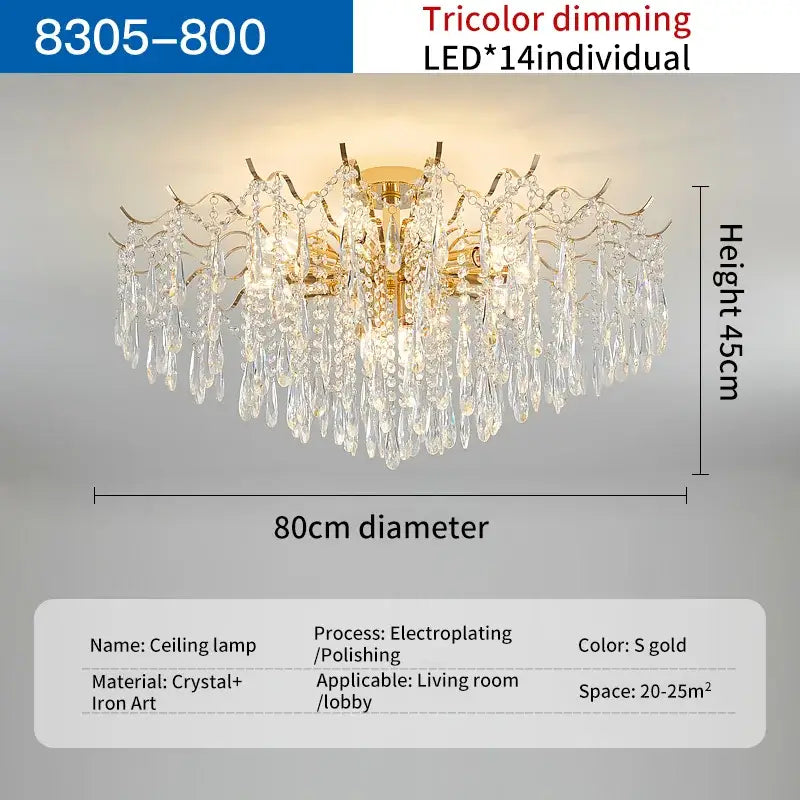 Gold electroplated decorbites crystal chandelier with cascading crystal droplets and 14 tricolor led lights for living space