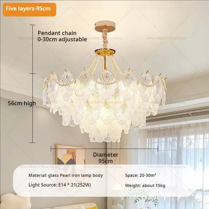DecorBites Crystal Chandelier featuring a five-layered gold-toned iron frame with pearl-like glass shells for elegant living rooms