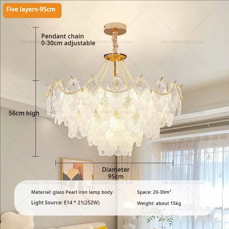 DecorBites Crystal Chandelier featuring a five-layered gold-toned iron frame with pearl-like glass shells for elegant living rooms