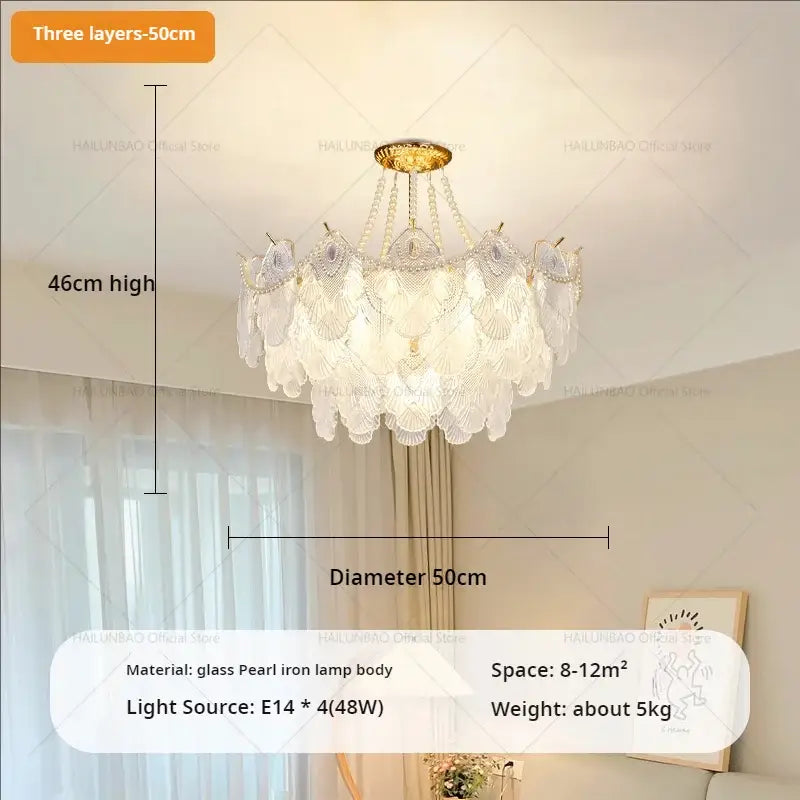 Decorbites crystal chandelier with multi-tiered gold iron frame and pearl-like white glass shades for elegant living rooms