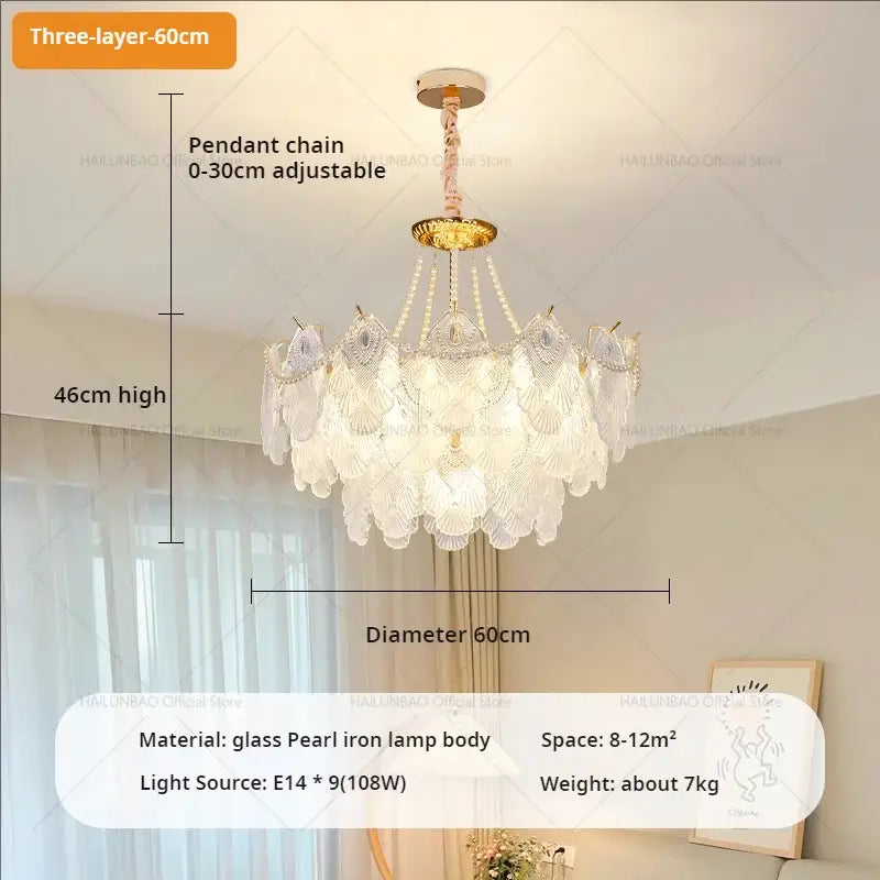A three-layer decorbites crystal chandelier with glass pearl iron body and cascading white shell-like shades for luxury decor