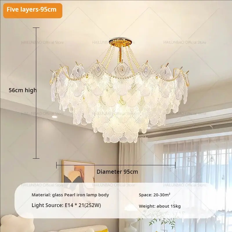 Elegant five-layer decorbites crystal chandelier with translucent white glass petals and gold-toned iron frame for luxury lighting