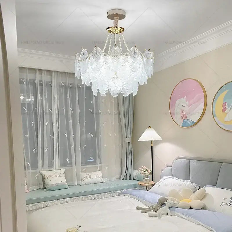 A decorbites crystal chandelier with white scalloped glass petals and gold frame for luxury living room lighting