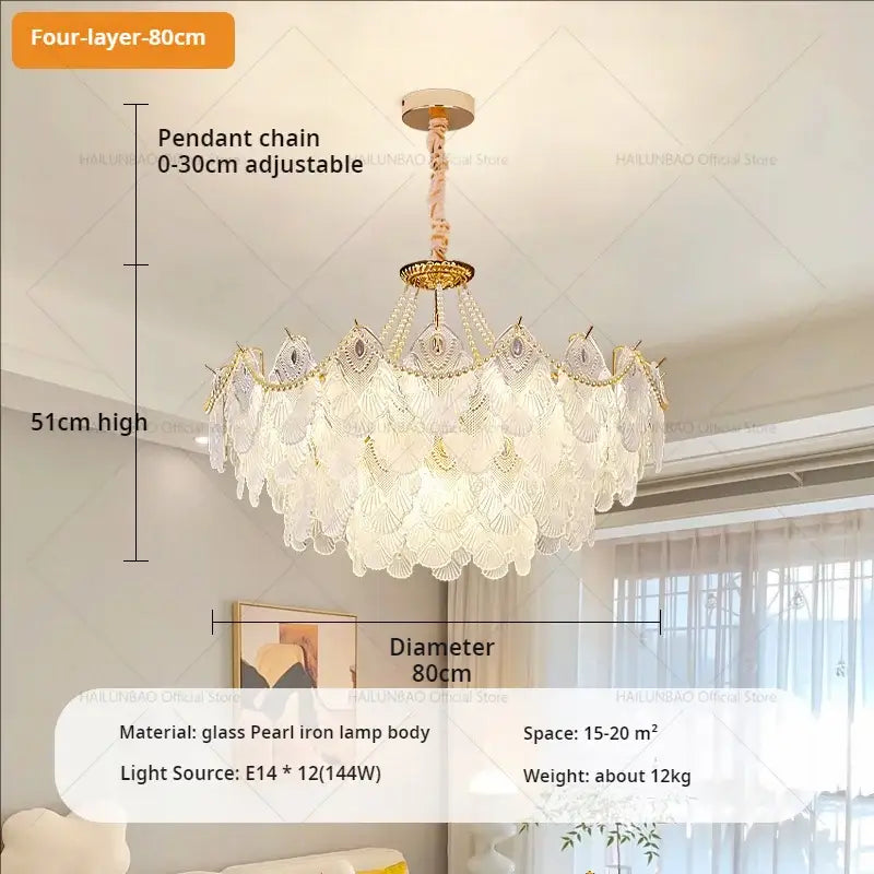 Decorbites crystal chandelier with gold-toned iron frame and cascading glass pearl shades for elegant living room decor