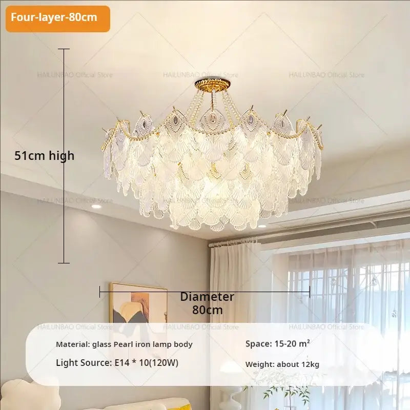 Elegant four-layer decorbites crystal chandelier with glass pearl iron body and fan-shaped clear frosted crystal shades