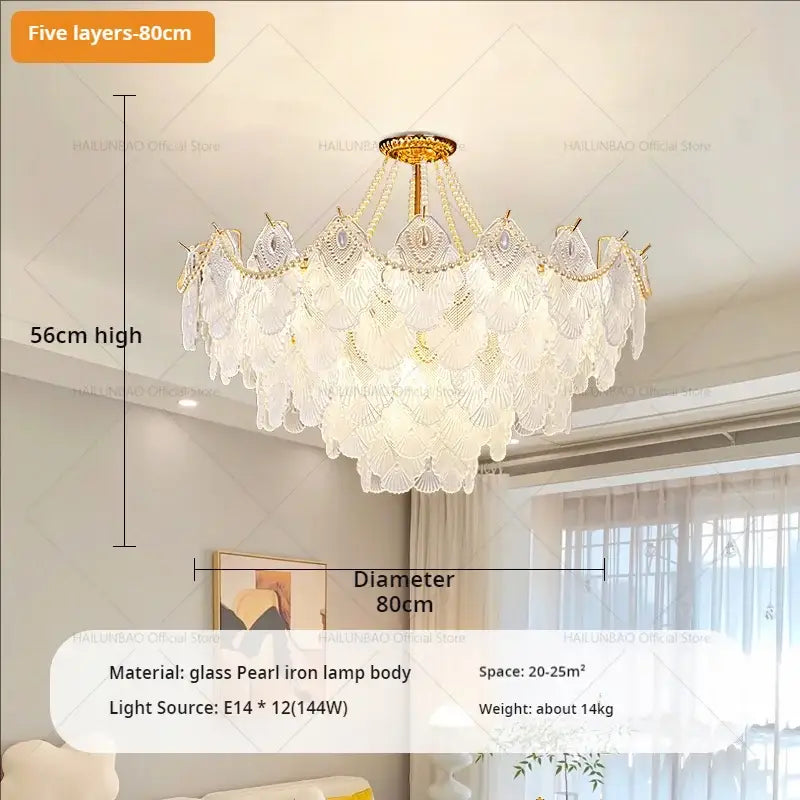 Elegant five-layer decorbites crystal chandelier with translucent white glass pearl-like shells and gold-toned iron frame
