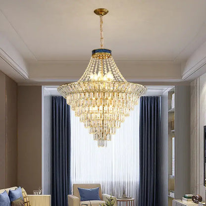 DecorBites crystal chandelier with gold metal frame and cascading clear crystals for luxury modern European villa lighting