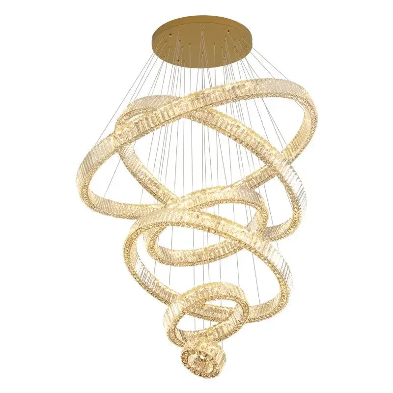 Gold-toned decorbites crystal chandelier with interlocking rings and clear crystals for luxury living room lighting