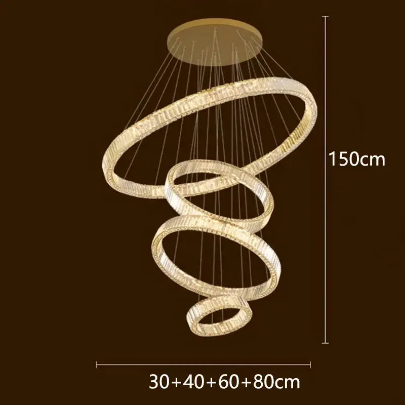 A modern decorbites crystal chandelier with interlocking rings and warm golden crystal lighting for luxury living rooms
