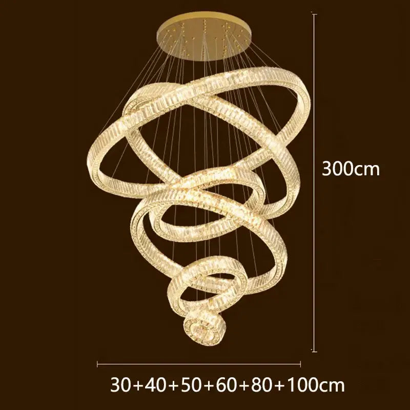 Decorbites crystal chandelier golden spiral with interlocking crystal rings 300cm height luxury living room lighting