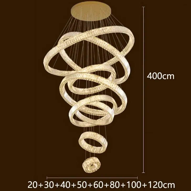 A modern DecorBites crystal chandelier with interlocking rings and clear crystals for luxury living room lighting