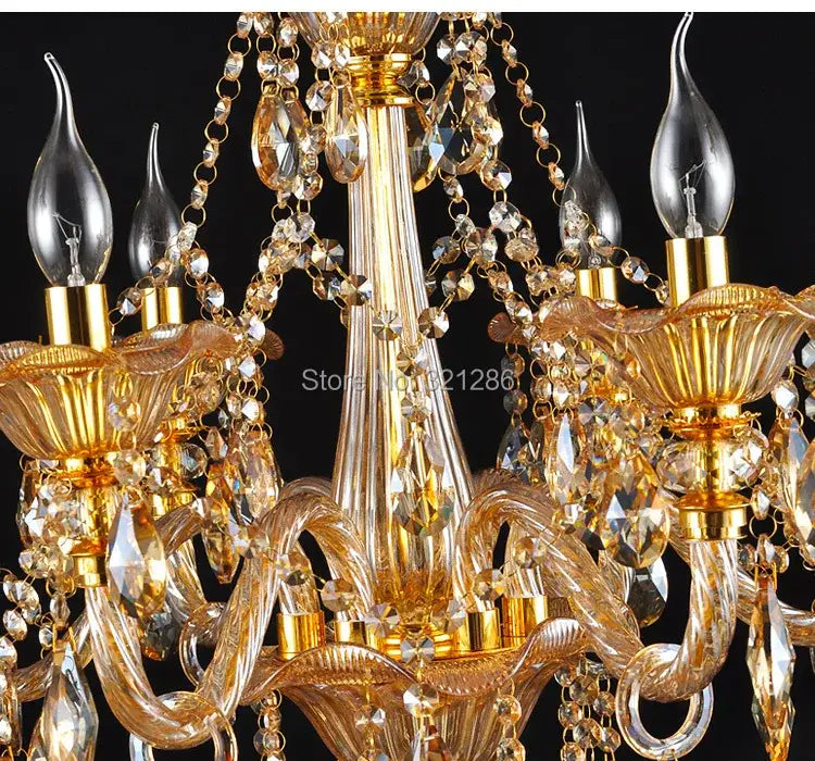 Golden decorbites crystal chandelier with intricate glass arms and dangling faceted beads for luxury indoor lighting