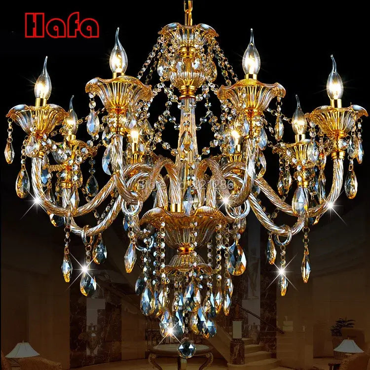 Golden ornate decorbites crystal chandelier with crystal droplets and candle-style bulbs for luxury indoor lighting