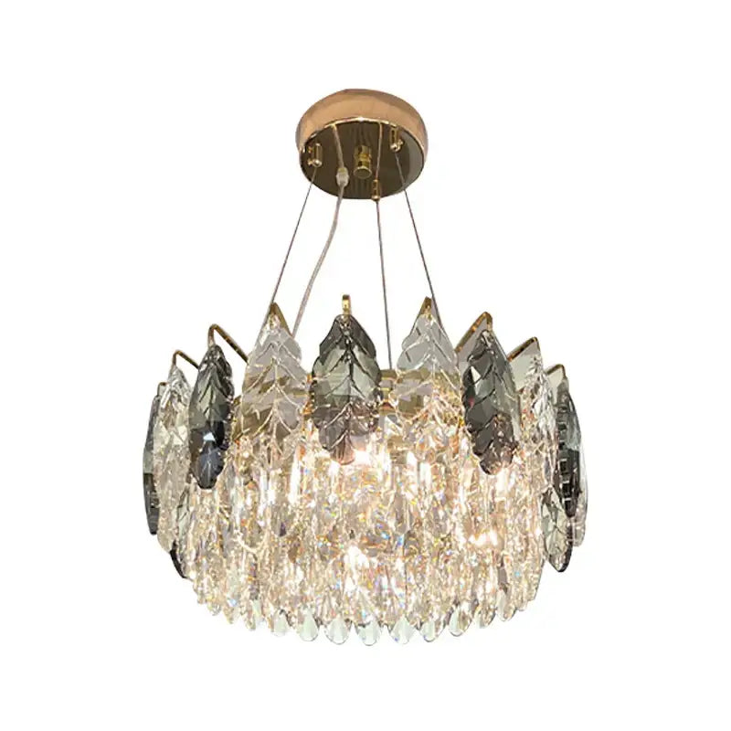 DecorBites crystal chandelier with circular smoky gray and clear crystal leaves and gold metal for modern living rooms