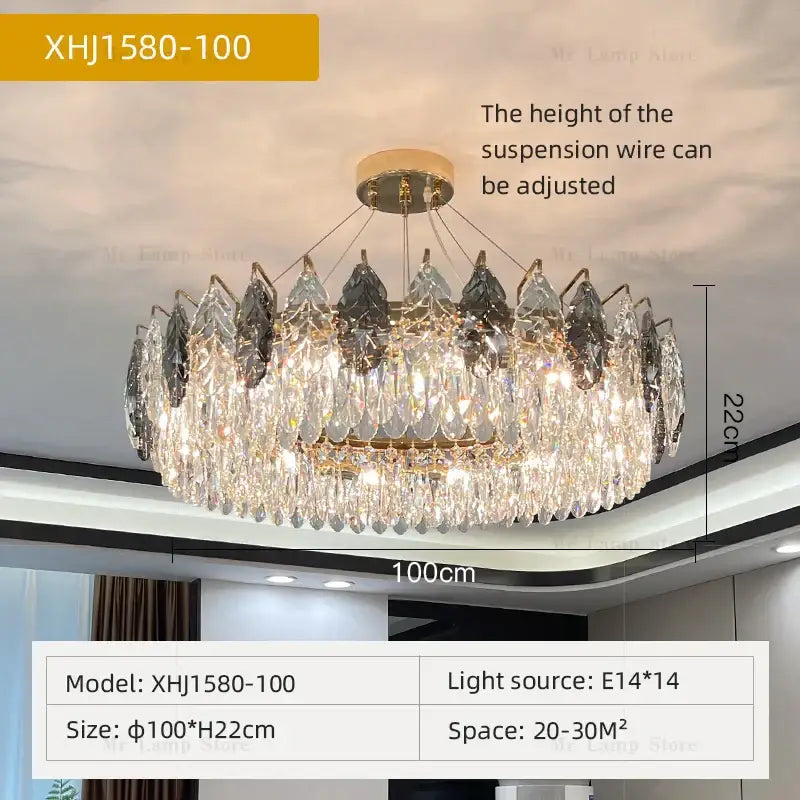 Luxurious decorbites crystal chandelier with gold metal frame and clear dark gray crystals for modern living spaces