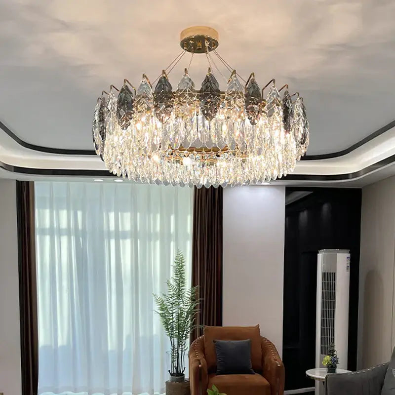 Decorbites crystal chandelier with gold metal frame and cascading clear glass prisms for luxury modern lighting