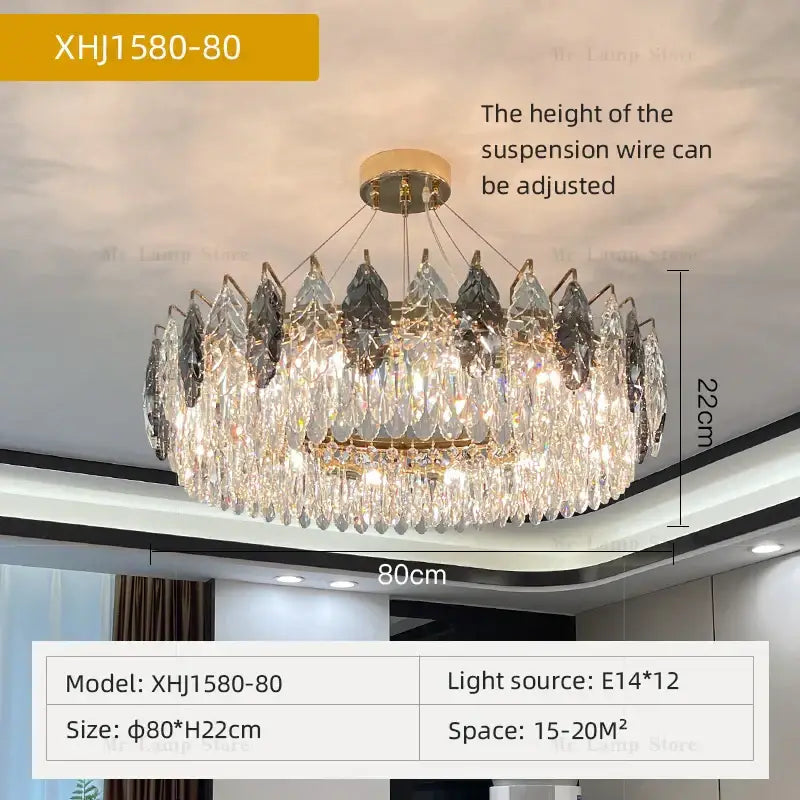 Elegant DecorBites crystal chandelier with gold-toned frame and clear dark gray teardrop crystals for modern interiors