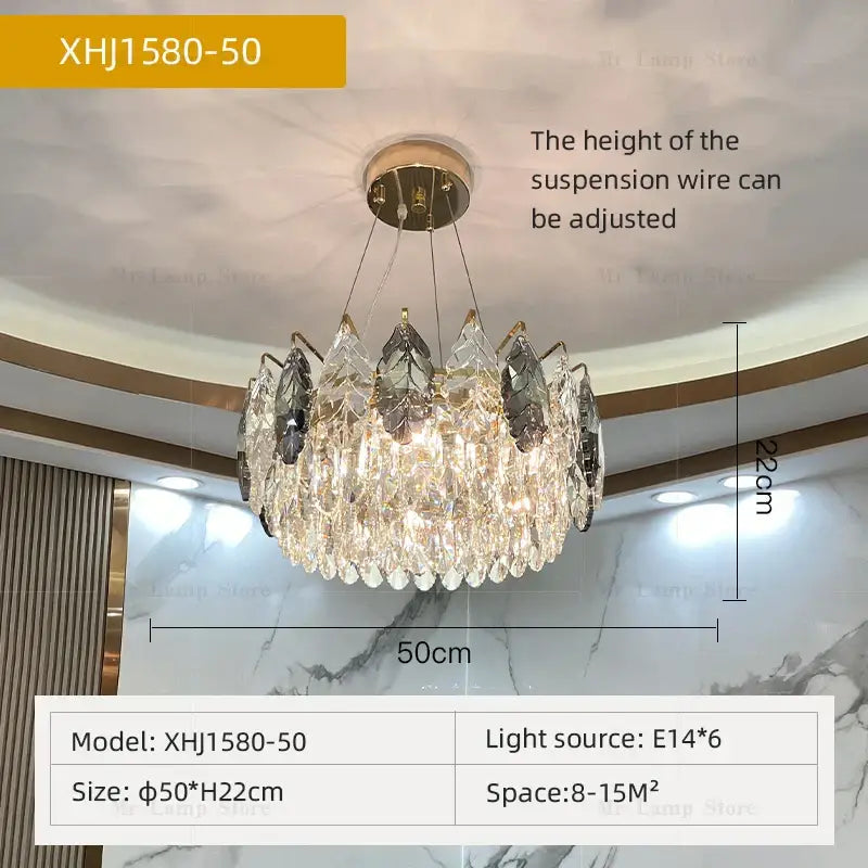 Elegant gold-toned decorbites crystal chandelier with cascading clear and dark crystal prisms model xhj1580-50 for luxury lighting