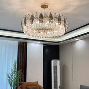 Decorbites crystal chandelier luxury modern lighting with gold frame and clear dark gray teardrop crystals for living room