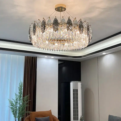 Decorbites crystal chandelier luxury modern lighting with gold frame and clear dark gray teardrop crystals for living room