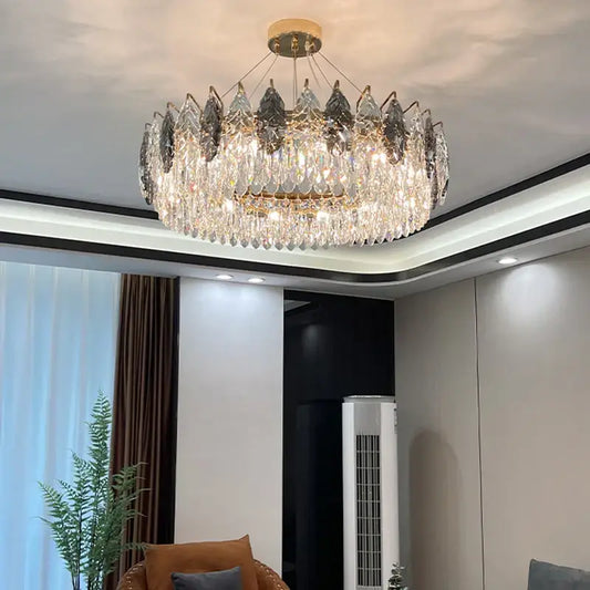 Decorbites crystal chandelier luxury modern lighting with gold frame and clear dark gray teardrop crystals for living room