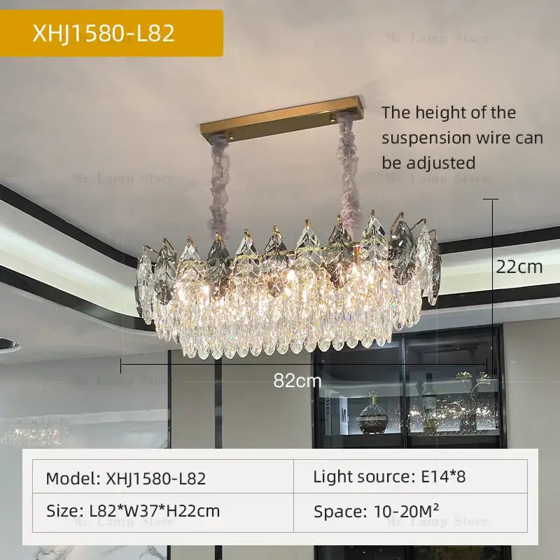 Elegant decorbites crystal chandelier model xhj1580-l82 with gold-toned frame and hanging wires for modern interiors