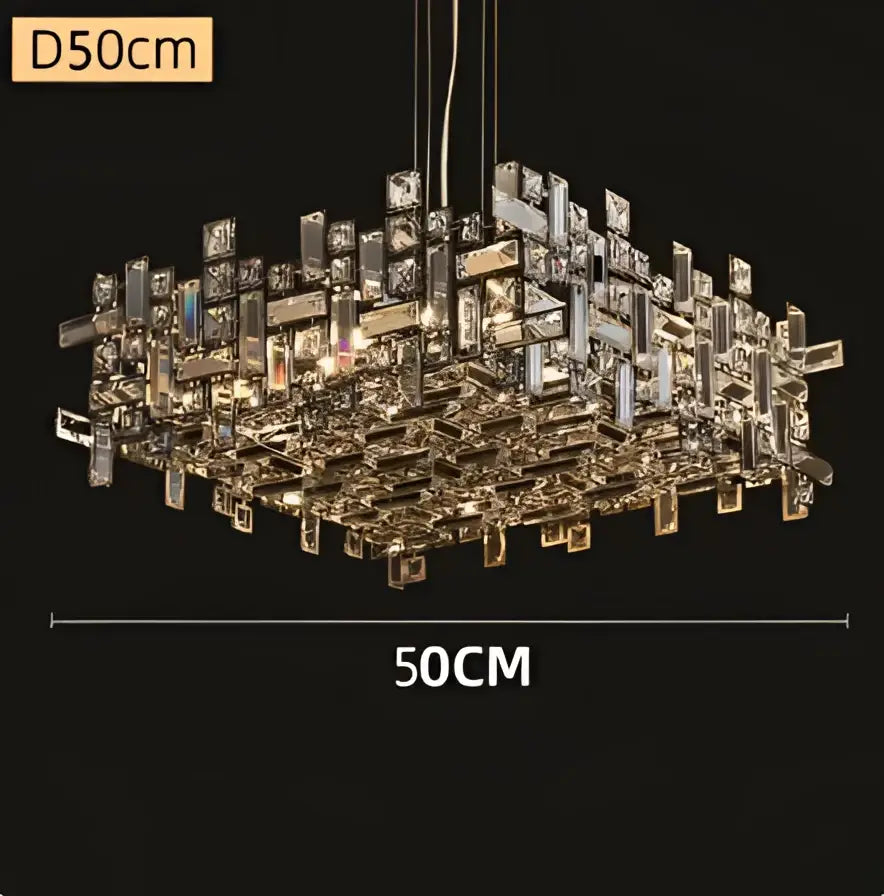 A decorbites crystal chandelier featuring a modern geometric design with faceted crystals for luxury living spaces