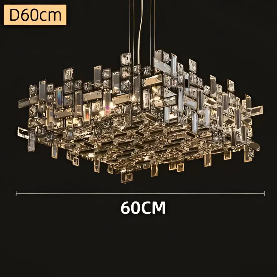 A modern decorbites crystal chandelier with geometric faceted glass in a rectangular frame for luxury lighting