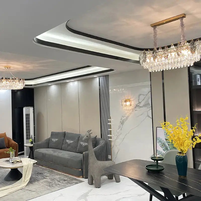 Decorbites crystal chandelier featuring dangling crystal droplets and a wooden frame for modern living spaces