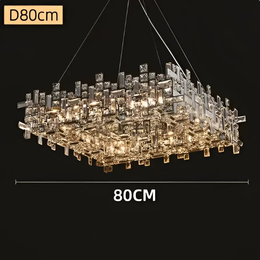 A modern decorbites crystal chandelier with clear and gold-toned prisms in a geometric design for luxury living rooms