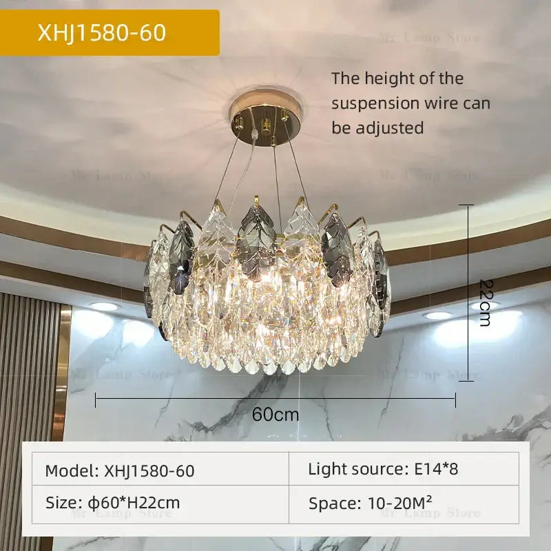 Luxurious decorbites crystal chandelier with gold frame and cascading clear dark gray teardrop crystals for modern lighting