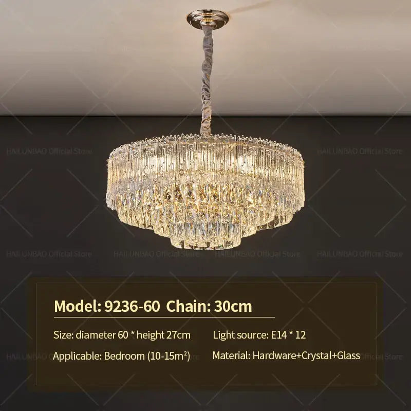 Elegant multi-tiered decorbites crystal chandelier with twisted metallic chain and polished brass fixture for modern rooms