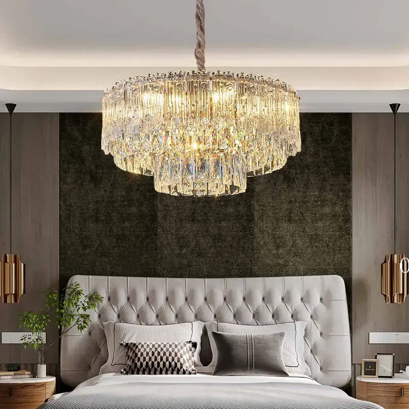 Decorbites crystal chandelier with multi-tiered faceted glass prisms and twisted rope chain for luxury modern lighting