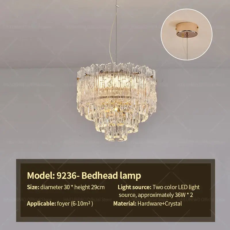 Decorbites crystal chandelier with a gold-toned frame and cascading glass prisms for luxury modern room lighting