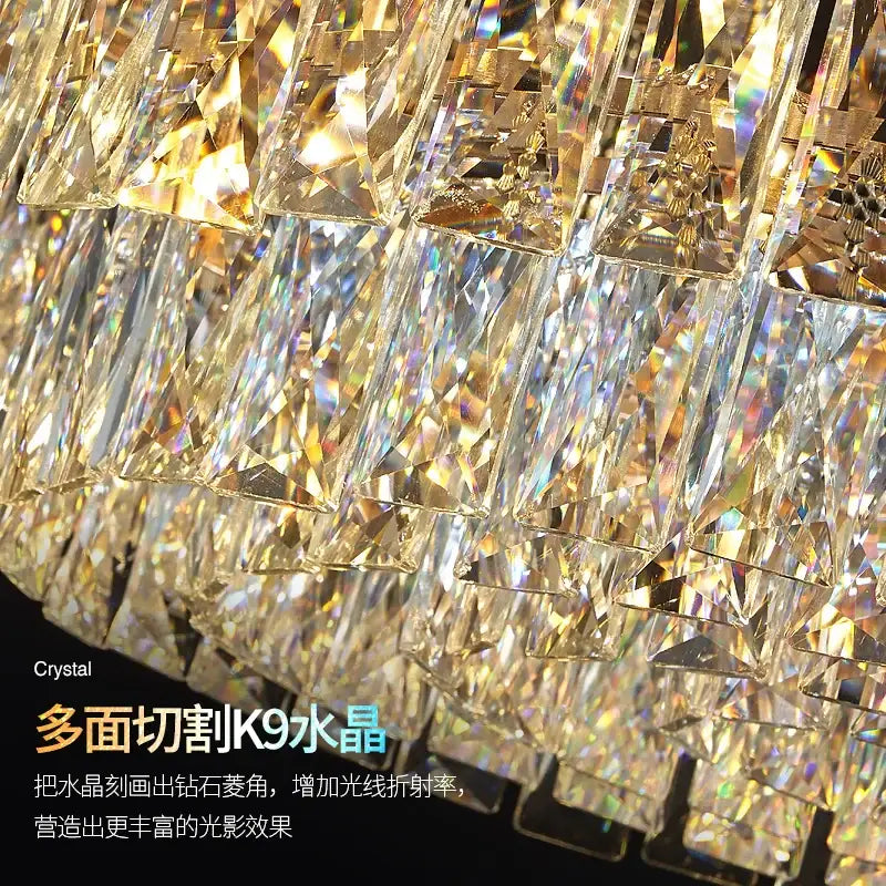 A decorbites crystal chandelier featuring faceted k9 crystal prisms in a cascading pattern for luxury room lighting