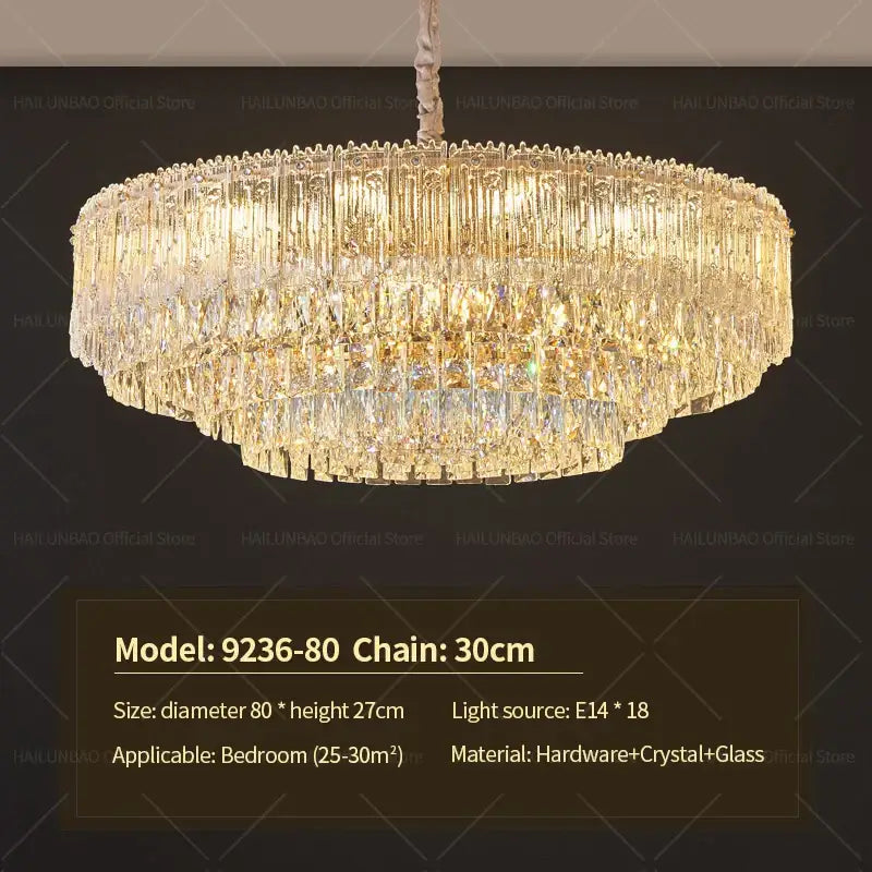A multi-tiered decorbites crystal chandelier with cascading crystal prisms and a gold-toned frame for modern rooms