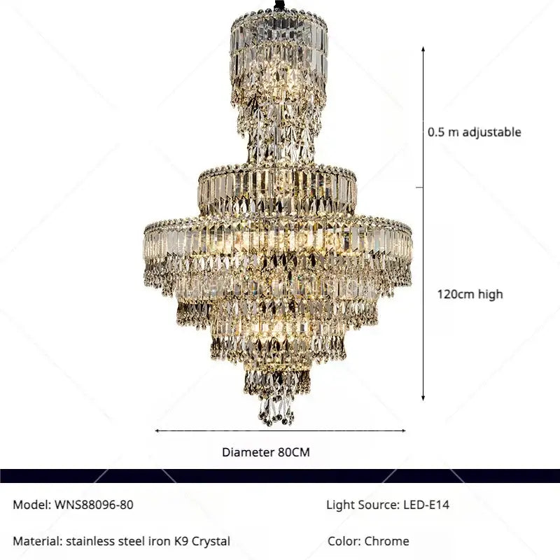 Chrome-finished decorbites crystal chandelier with cascading crystals and stainless steel frame for luxury staircase lighting
