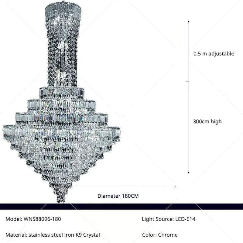 A tall multi-tiered chrome decorbites crystal chandelier with cascading crystals for luxury staircases and living rooms