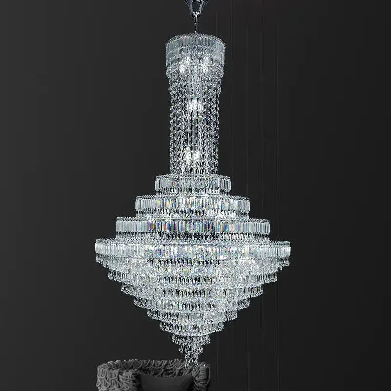 Decorbites crystal chandelier with multi-tiered clear faceted crystals and polished chrome for luxury living spaces