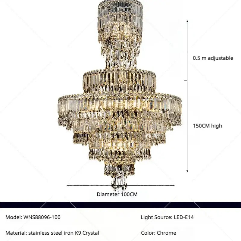 Chrome-finished decorbites crystal chandelier with clear crystal tiers and stainless steel frame for luxury living spaces