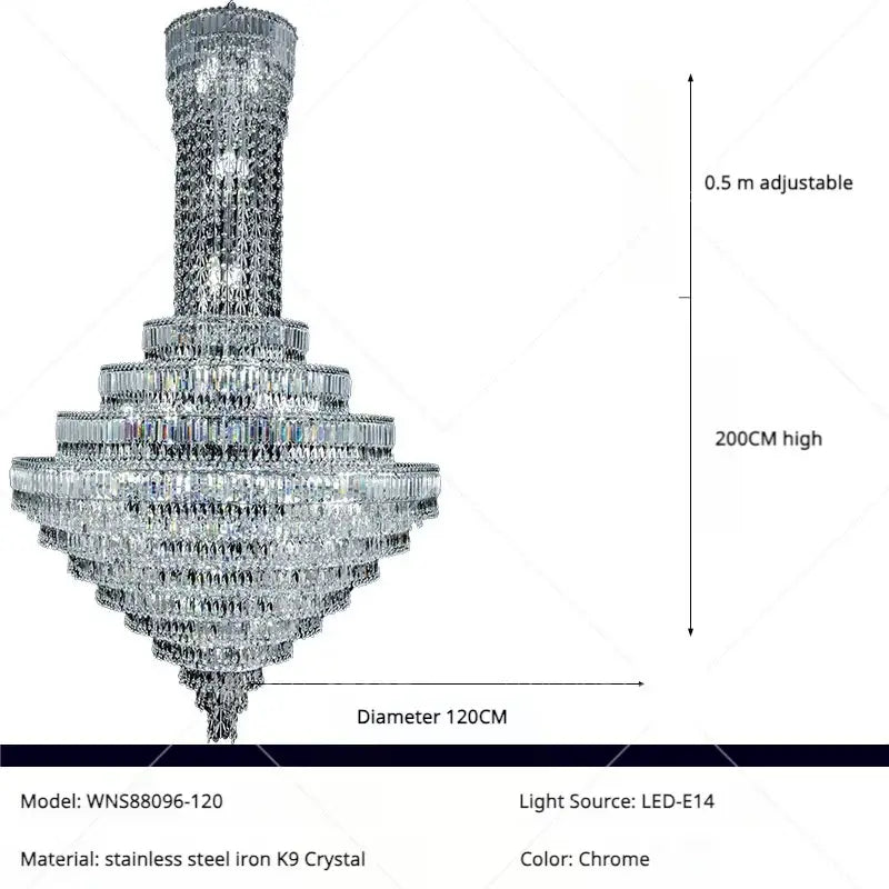 Decorbites crystal chandelier with chrome finish and cascading crystals for luxury modern staircase and living room lighting