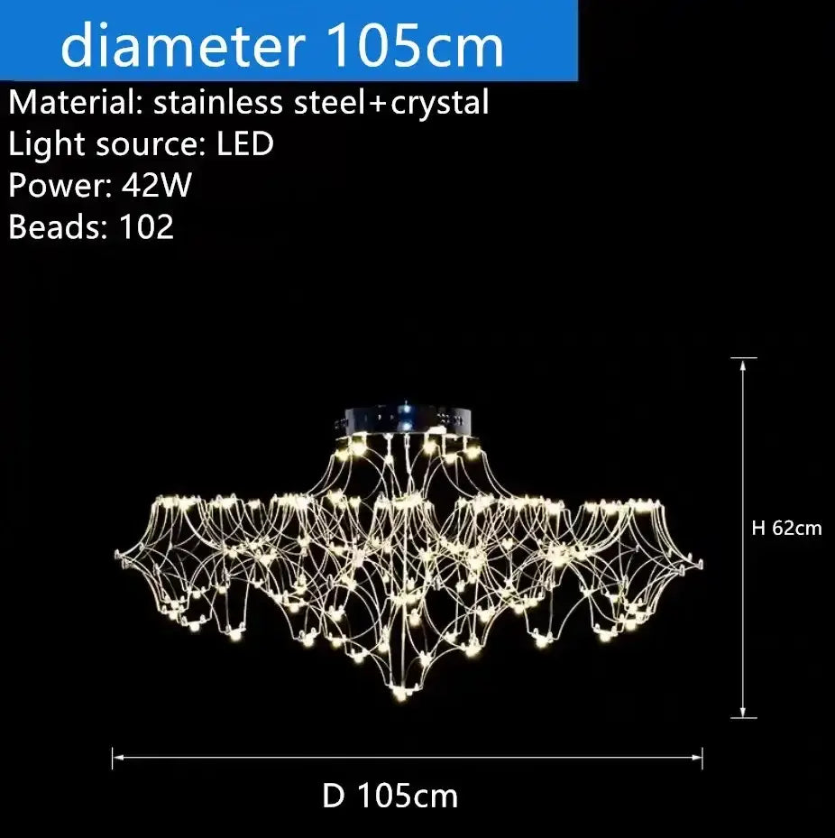 A modern decorbites crystal chandelier with 105cm diameter stainless steel frame and led crystal beads lighting