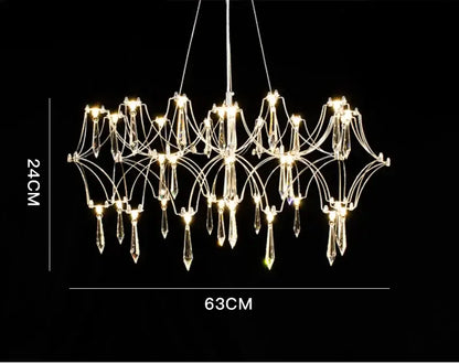 A modern multi-tiered decorbites crystal chandelier with a sleek metallic frame and dangling crystal pendants for luxury living spaces