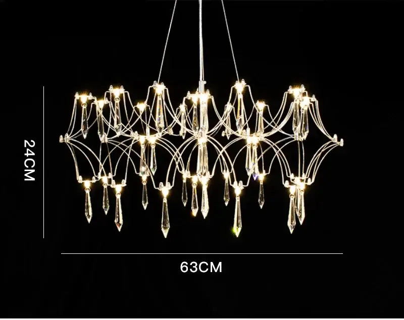 A modern multi-tiered decorbites crystal chandelier with a sleek metallic frame and dangling crystal pendants for luxury living spaces