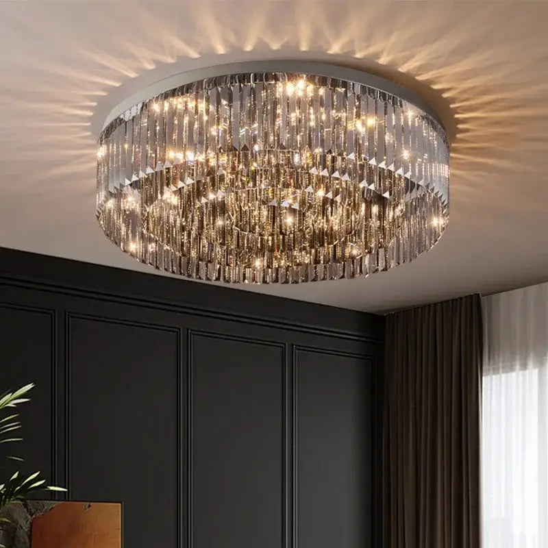Decorbites crystal chandelier circular ceiling light with cascading faceted crystal prisms and warm illumination