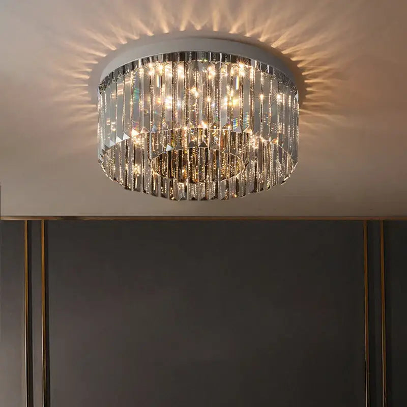 Decorbites crystal chandelier circular ceiling light with cascading crystal prisms and sleek chrome frame for interior decor
